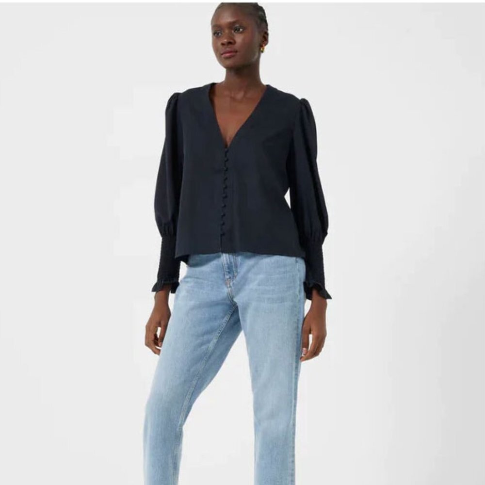 French Connection Crepe V Neck Balloon Sleeve Blouse - Picture 4 of 6